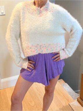 Free People Cream Fuzzy Cropped Cardigan with Neon Speckle